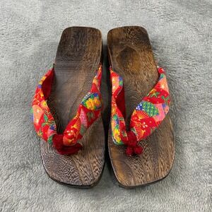 Geta Sandals Womens 9.5in Red Floral Japanese Wooden Platform Clogs Boho Festive